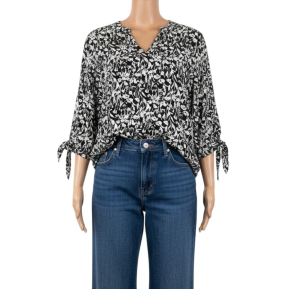Jones & Co Floral Blouse Womens 2X Plus Size Black White V-Neck Tie Cuff Boho